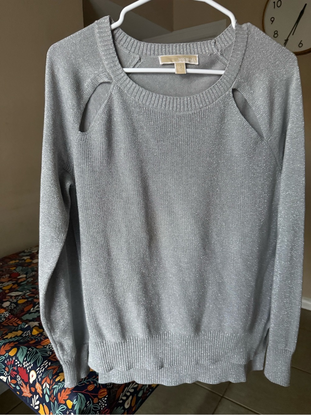 Michael Kors Silver Metallic Cutout-Shoulder Sweater